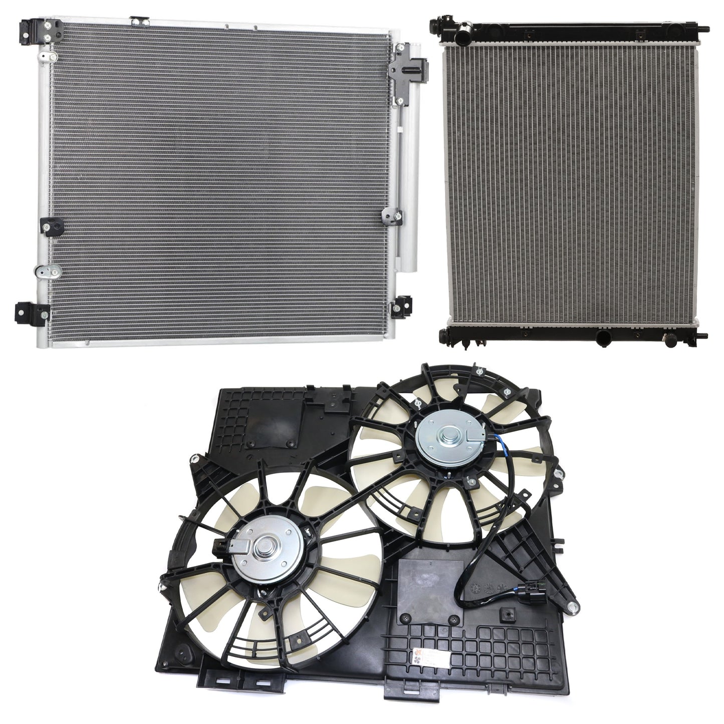 3-Piece Kit A/C Condenser, Includes (1) A/C Condenser, (1) Cooling Fan Assembly and (1) Radiator