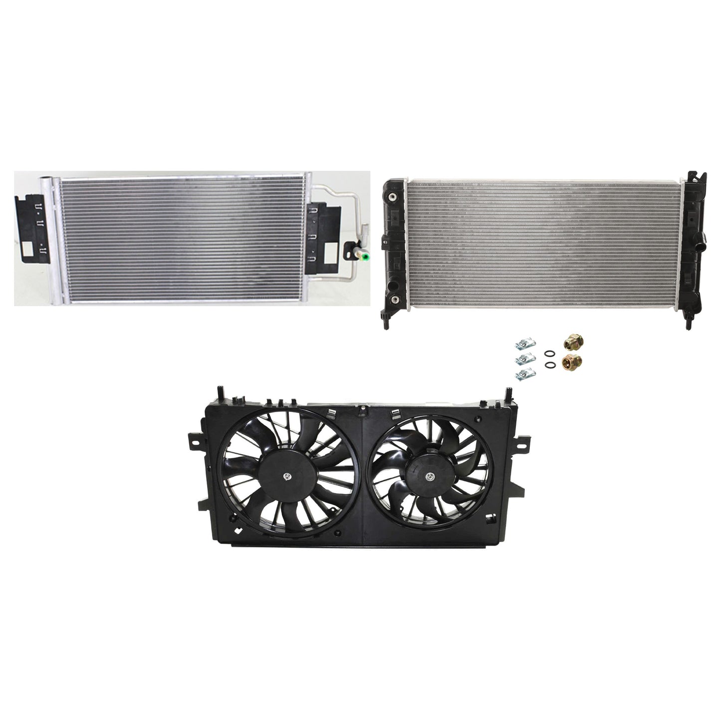 3-Piece Kit A/C Condenser, Includes (1) A/C Condenser, (1) Cooling Fan Assembly and (1) Radiator