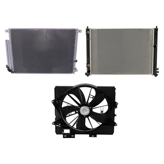 3-Piece Kit A/C Condenser, Includes (1) A/C Condenser, (1) Cooling Fan Assembly and (1) Radiator
