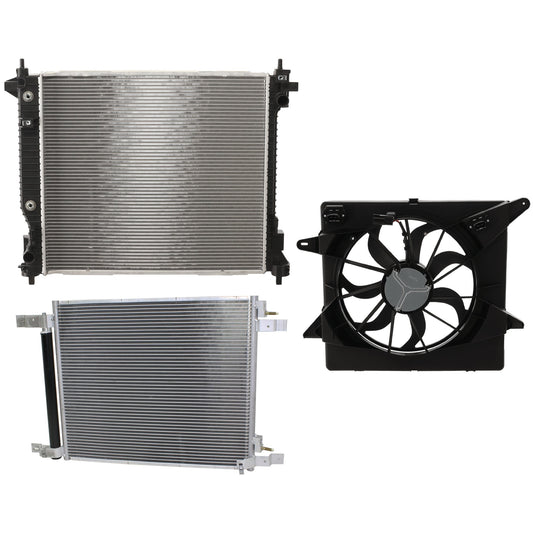 3-Piece Kit A/C Condenser, Includes (1) A/C Condenser, (1) Cooling Fan Assembly and (1) Radiator