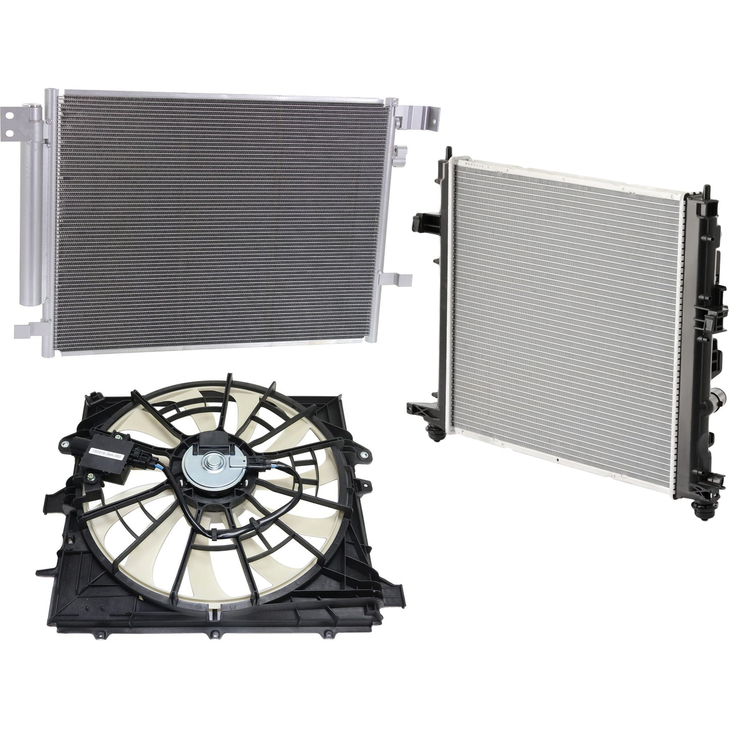 3-Piece Kit A/C Condenser, Includes (1) A/C Condenser, (1) Cooling Fan Assembly and (1) Radiator