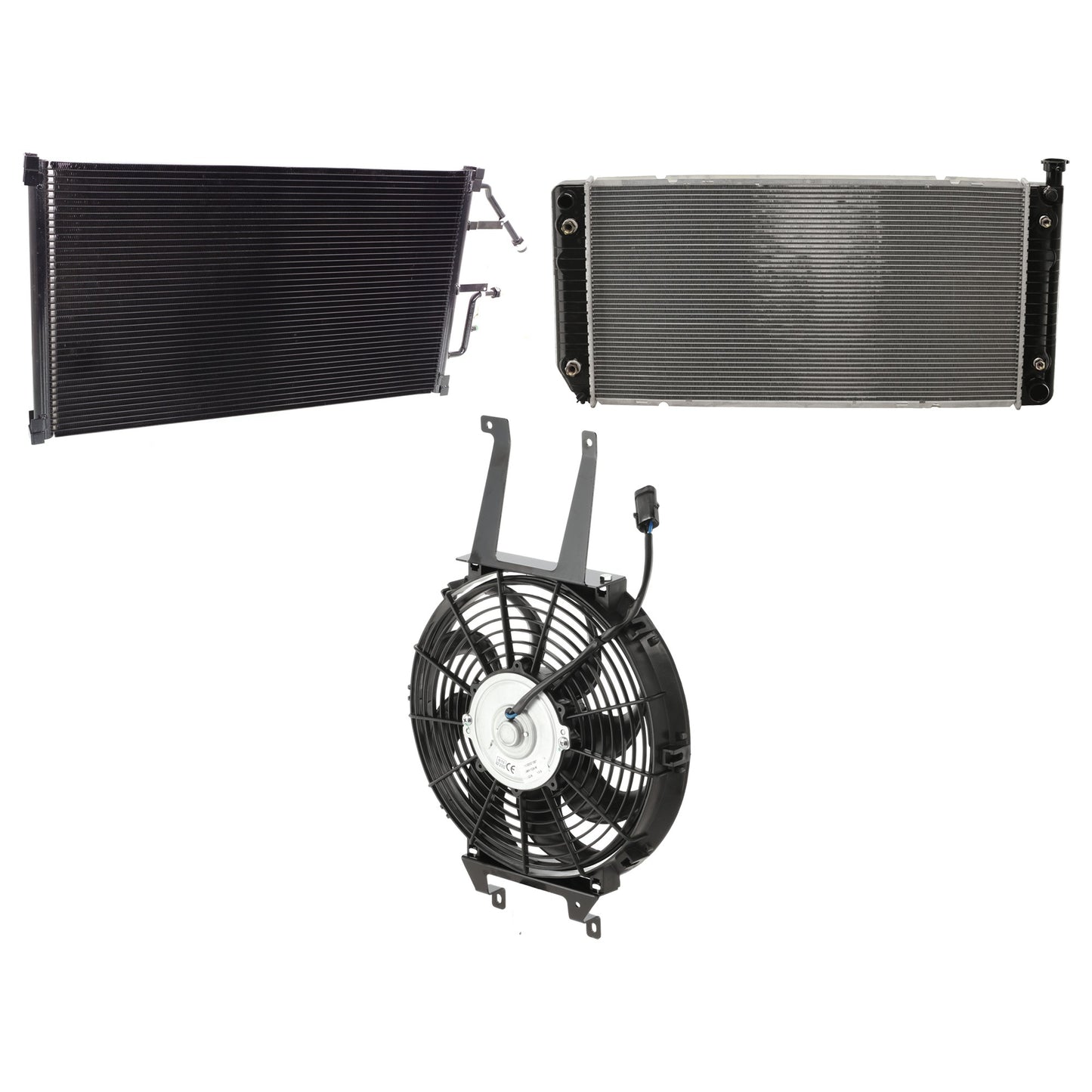 3-Piece Kit A/C Condenser, Includes (1) A/C Condenser, (1) Cooling Fan Assembly and (1) Radiator