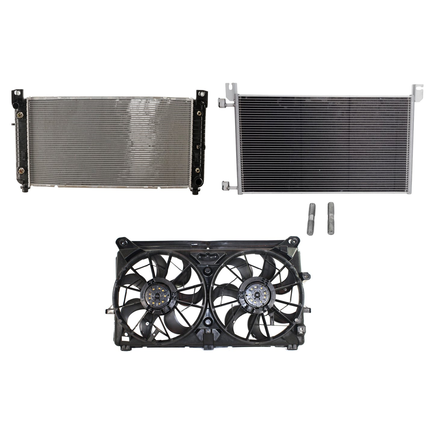3-Piece Kit A/C Condenser, Includes (1) A/C Condenser, (1) Cooling Fan Assembly and (1) Radiator