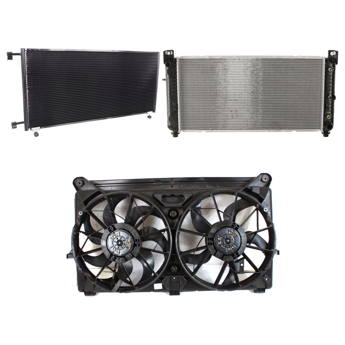 3-Piece Kit A/C Condenser, Includes (1) A/C Condenser, (1) Cooling Fan Assembly and (1) Radiator
