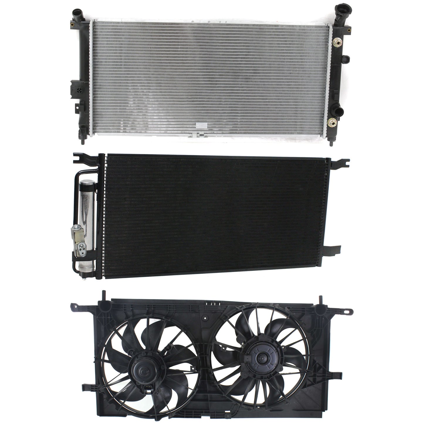 3-Piece Kit A/C Condenser, Includes (1) A/C Condenser, (1) Cooling Fan Assembly and (1) Radiator