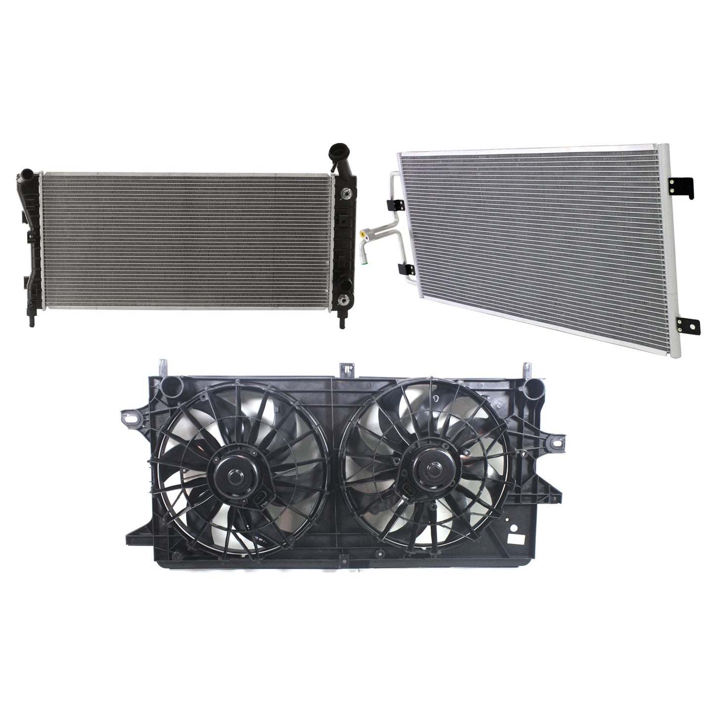 3-Piece Kit A/C Condenser, Includes (1) A/C Condenser, (1) Cooling Fan Assembly and (1) Radiator