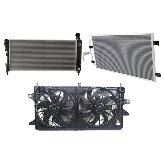 3-Piece Kit A/C Condenser, Includes (1) A/C Condenser, (1) Cooling Fan Assembly and (1) Radiator