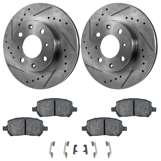 2-Wheel Set Front Brake Disc and Pad Kit, Cross-drilled and Slotted 4 Lugs 256 mm, Includes (2) Brake Disc and (1) Brake Pad Set