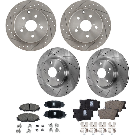 4-Wheel Set Front and Rear Brake Disc and Pad Kit, Cross-drilled and Slotted, 5 Lugs, Ceramic, Naturally Aspirated, 2.4L(With 3rd Row Seat)/3.5L Engine, Includes (4) Brake Disc and (2) Brake Pad Set