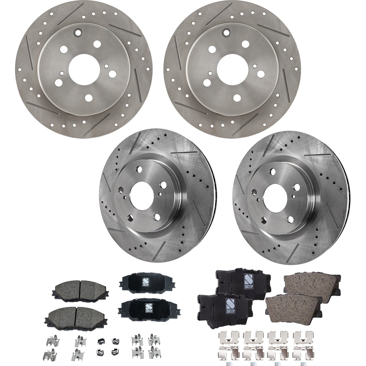 4-Wheel Set Front and Rear Brake Disc and Pad Kit, Cross-drilled and Slotted, 5 Lugs, Ceramic, Naturally Aspirated, 2.4L(With 3rd Row Seat)/3.5L Engine, Includes (4) Brake Disc and (2) Brake Pad Set