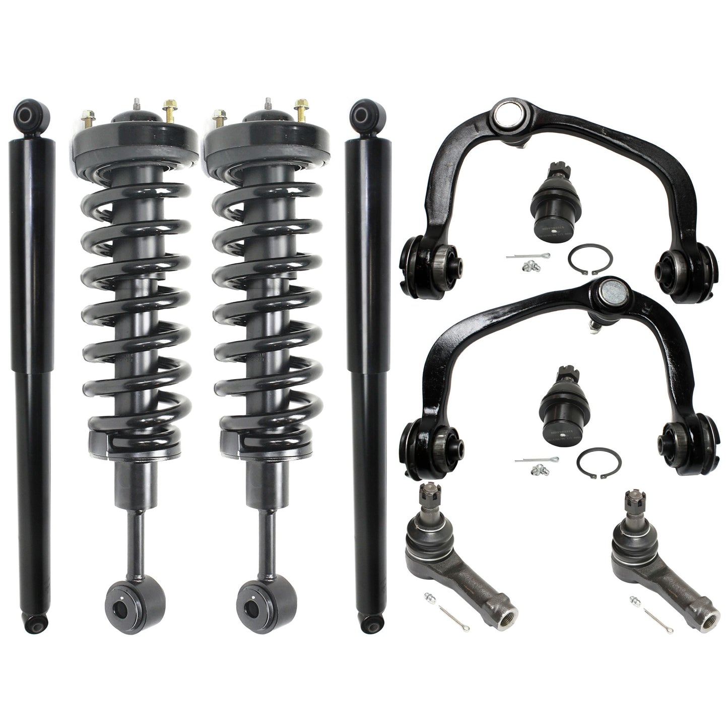 10-Piece Kit Front and Rear Shock and Fully Loaded Strut, Includes (2) Control Arm, (2) Ball Joint, (2) Tie Rod End and (4) Shock Absorber and Strut Assembly
