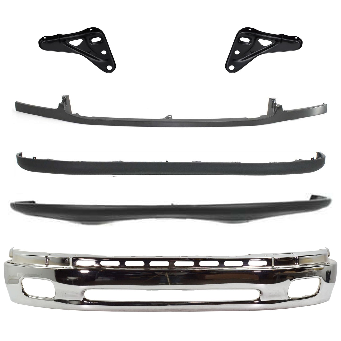 6-Piece Kit, Front, Lower Bumper, Chrome, Includes (1) Bumper, (2) Bumper Bracket, (1) Bumper Cover, (1) Bumper Trim, and (1) Valance