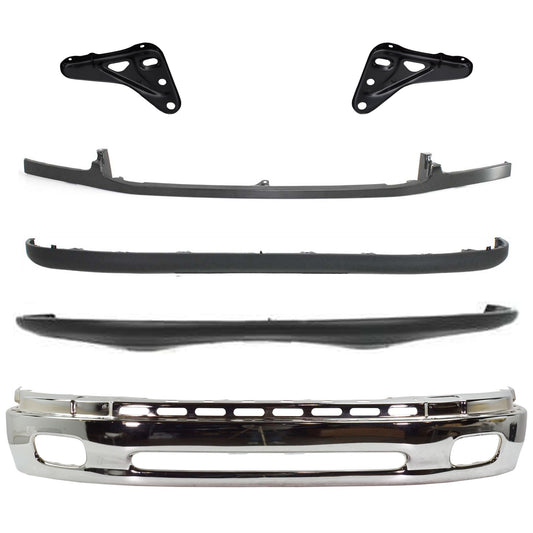 6-Piece Kit, Front, Lower Bumper, Chrome, Includes (1) Bumper, (2) Bumper Bracket, (1) Bumper Cover, (1) Bumper Trim, and (1) Valance