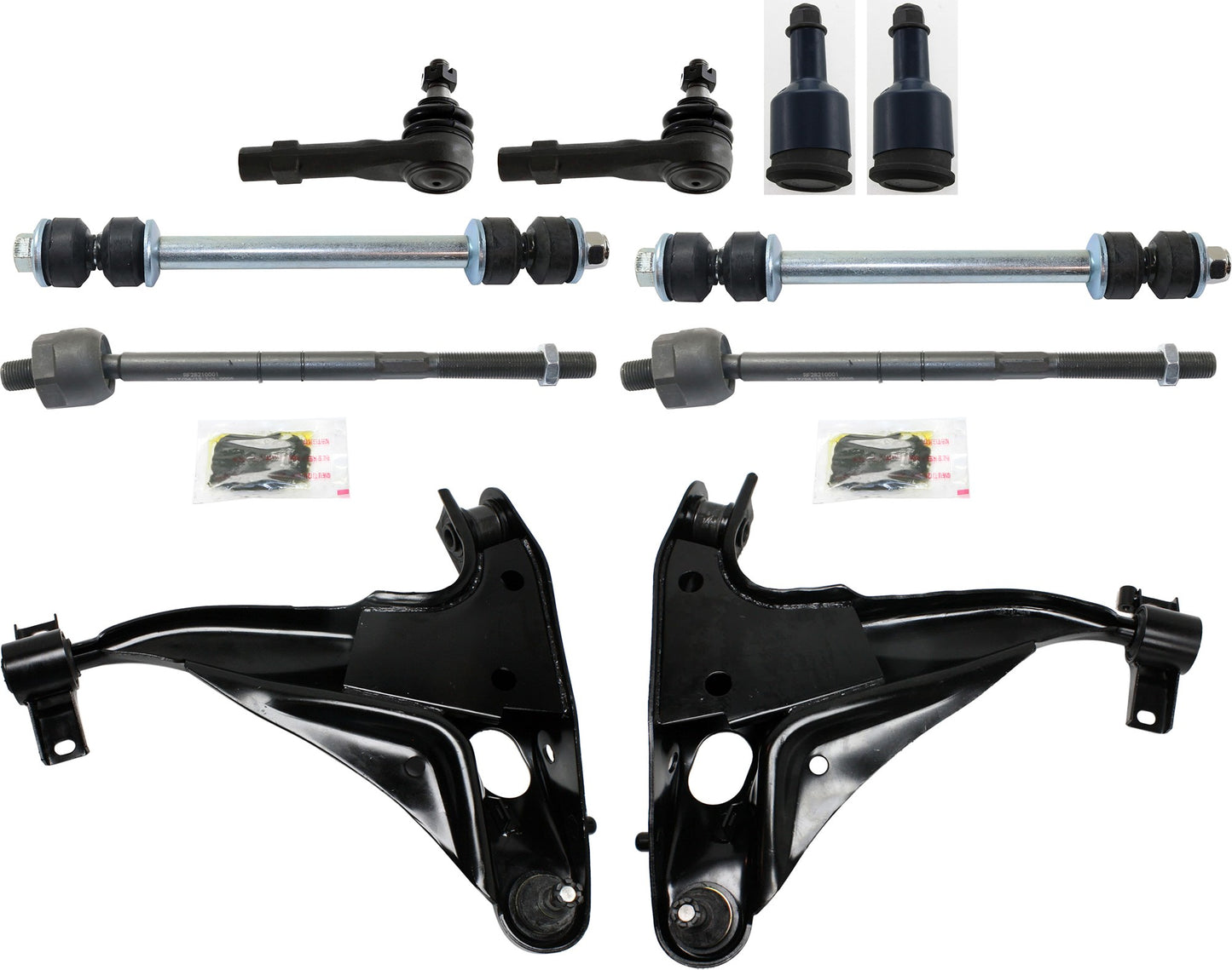 10-Piece Kit Front, Driver and Passenger Side Control Arms, Includes (2) Ball Joint, (2) Control Arm, (2) Sway Bar Link, and (4) Tie Rod End