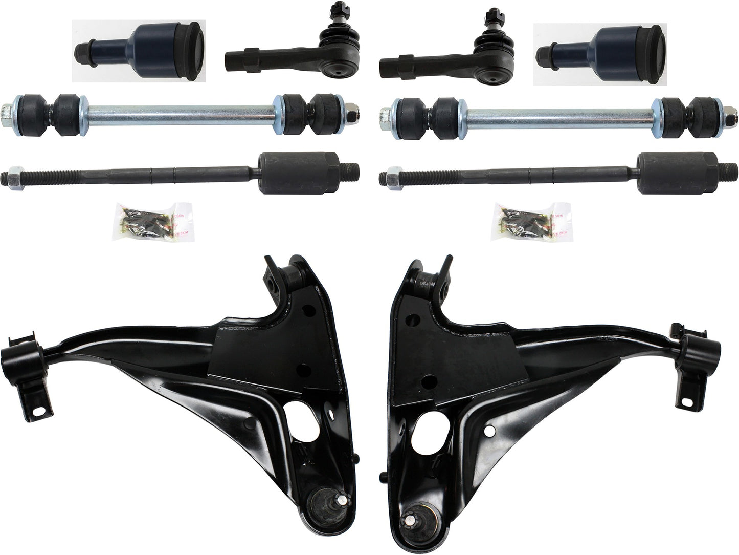 10-Piece Kit Front, Driver and Passenger Side Control Arms, Includes (2) Ball Joint, (2) Control Arm, (2) Sway Bar Link, and (4) Tie Rod End
