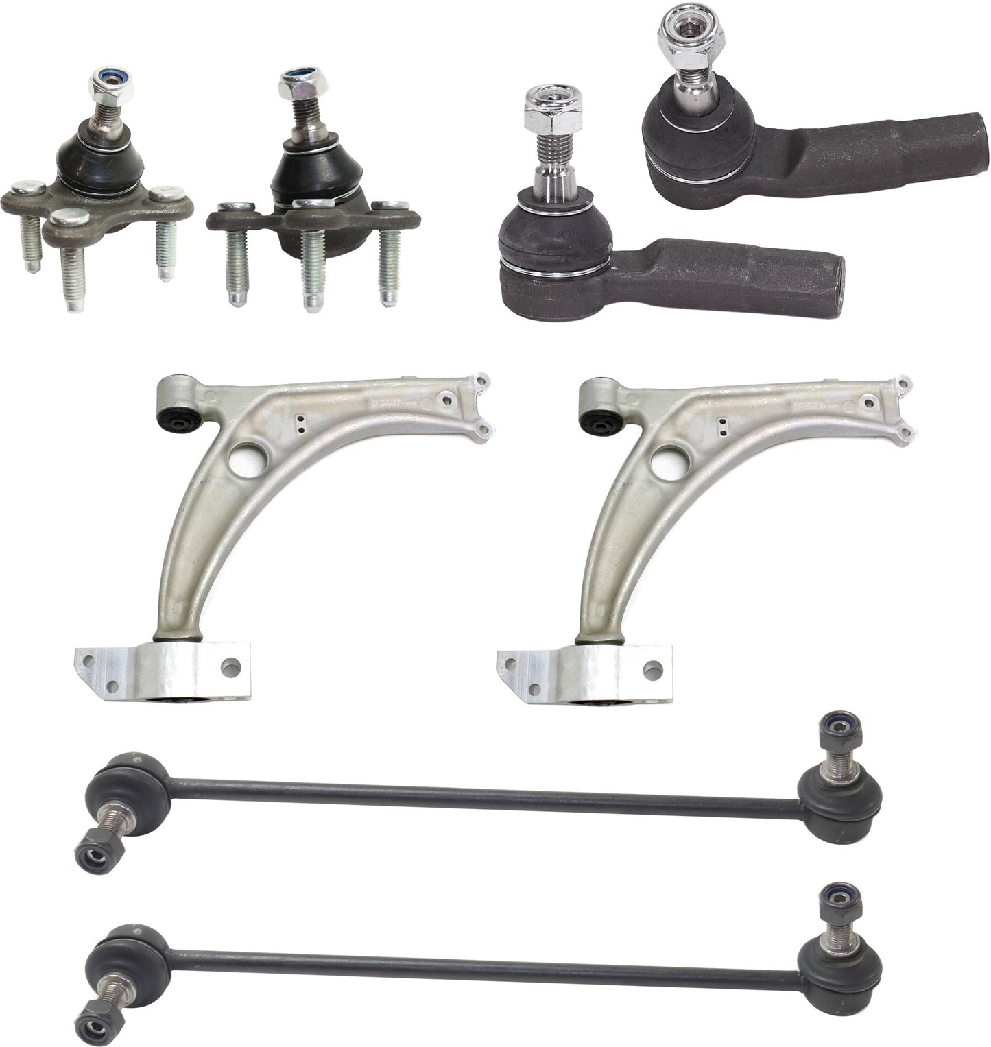 8-Piece Kit Control Arm Includes (2) Ball Joint, (2) Control Arm, (2) Sway Bar Link, and (2) Tie Rod End