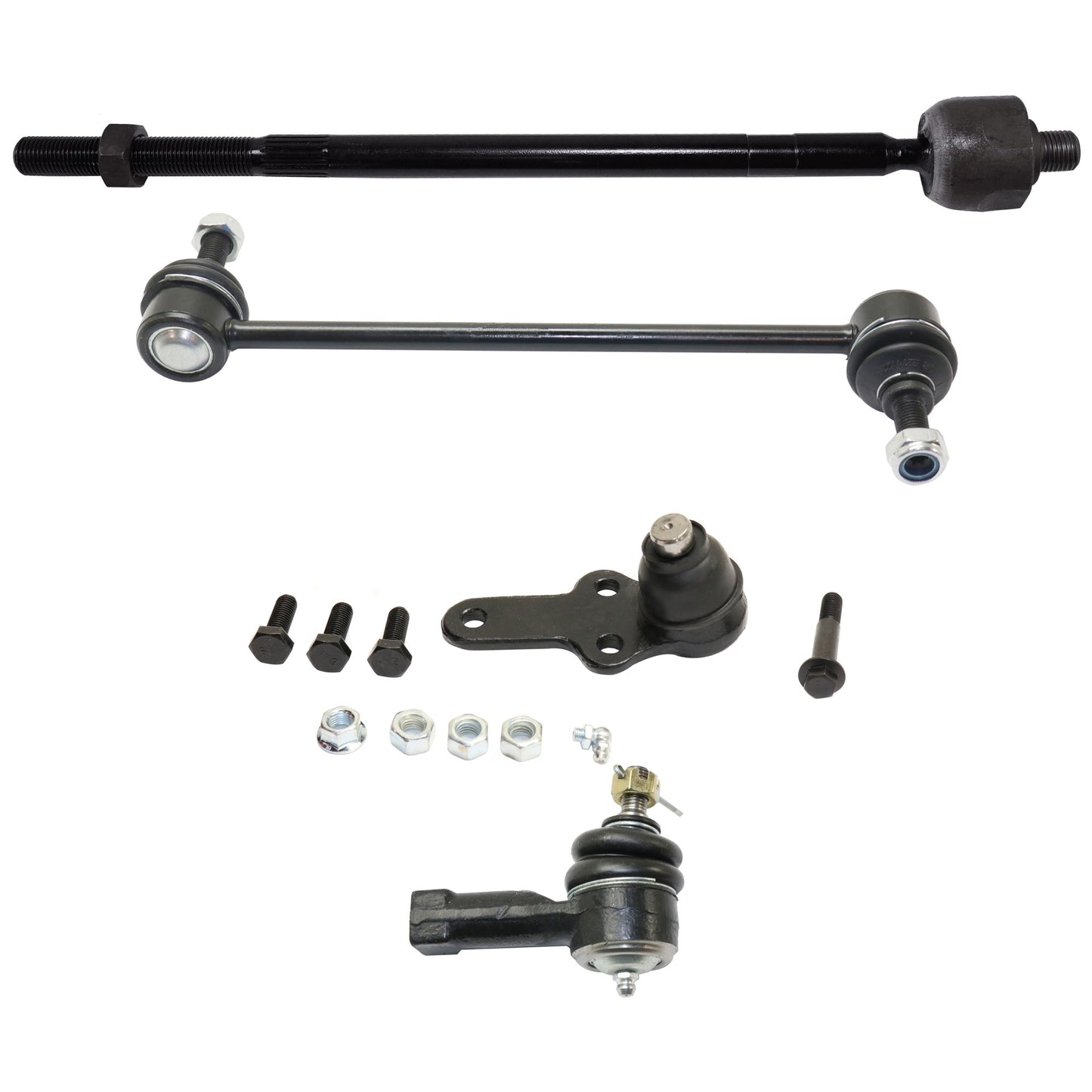 4-Piece Kit Front, Driver and Passenger Side, Lower, Outer Ball Joint, includes (2) Ball Joint, (2) Sway Bar Link, and (2) Tie Rod End