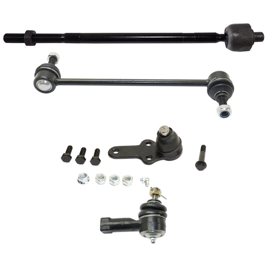 4-Piece Kit Front, Driver and Passenger Side, Lower, Outer Ball Joint, includes (2) Ball Joint, (2) Sway Bar Link, and (2) Tie Rod End