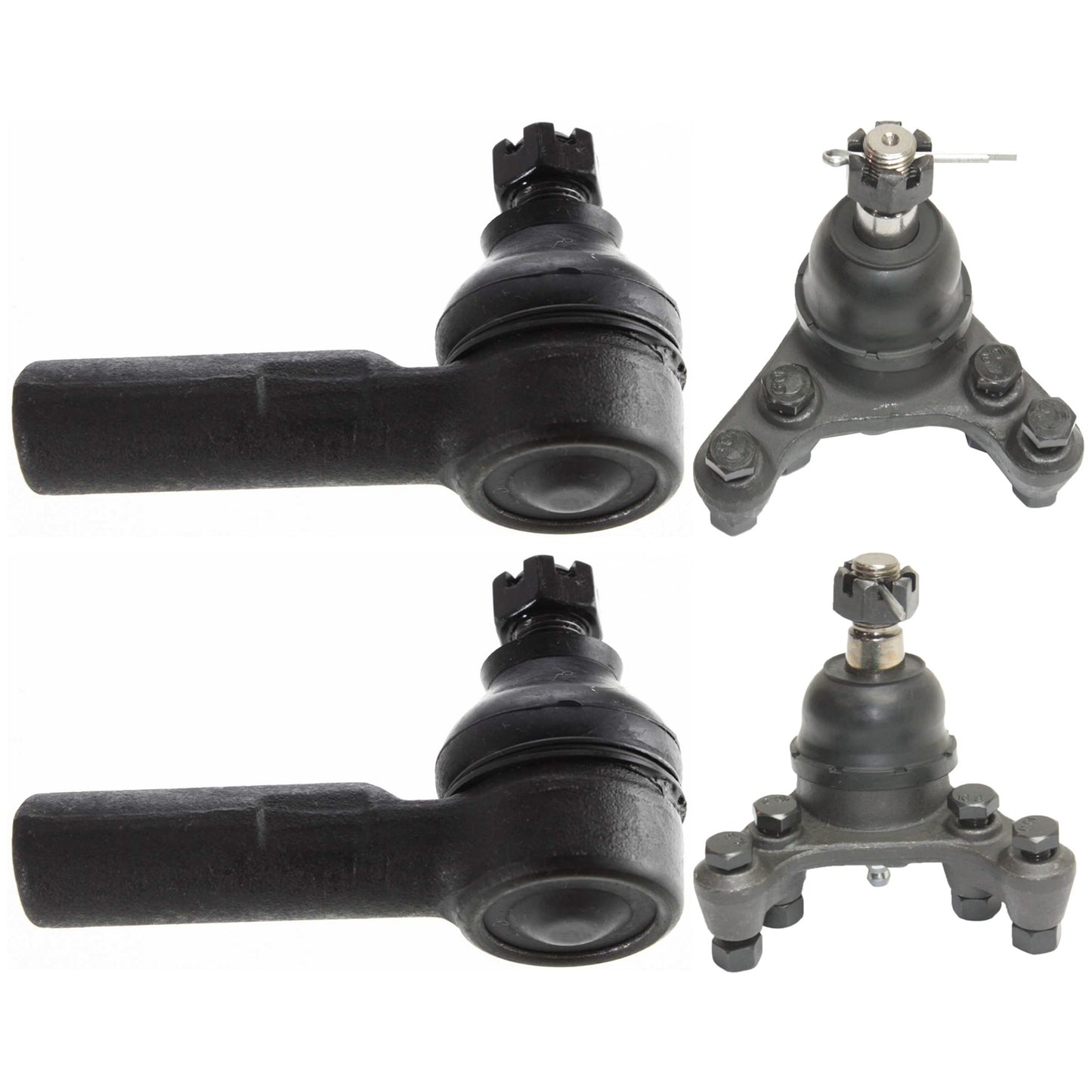4-Piece Kit Front, Driver and Passenger Side, Lower Ball Joint, includes (2) Ball Joint, (2) Sway Bar Link, and (2) Tie Rod End