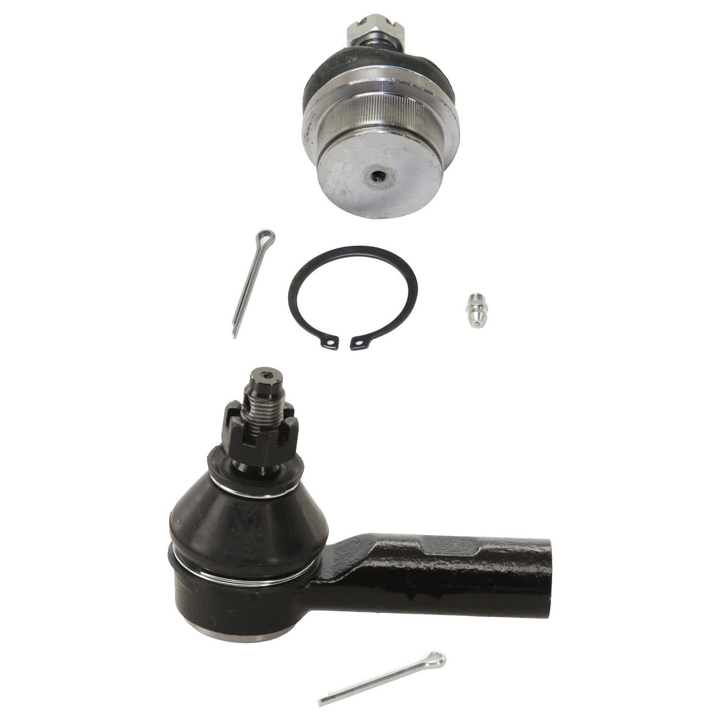 2-Piece Kit Front, Driver and Passenger Side Ball Joint, includes (2) Ball Joint, (2) Sway Bar Link, and (2) Tie Rod End