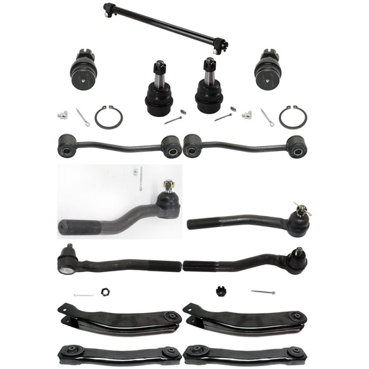 15-Piece Kit Control Arm Includes (4) Ball Joint, (4) Control Arm, (2) Sway Bar Link, (1) Tie Rod Adjusting Sleeve, and (4) Tie Rod End