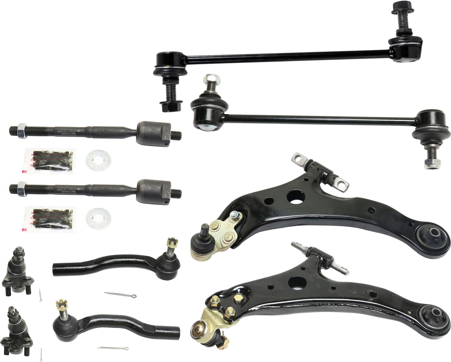 10-Piece Kit Front, Driver and Passenger Side, Lower Control Arms, Includes (2) Ball Joint, (2) Control Arm, (2) Sway Bar Link, and (4) Tie Rod End