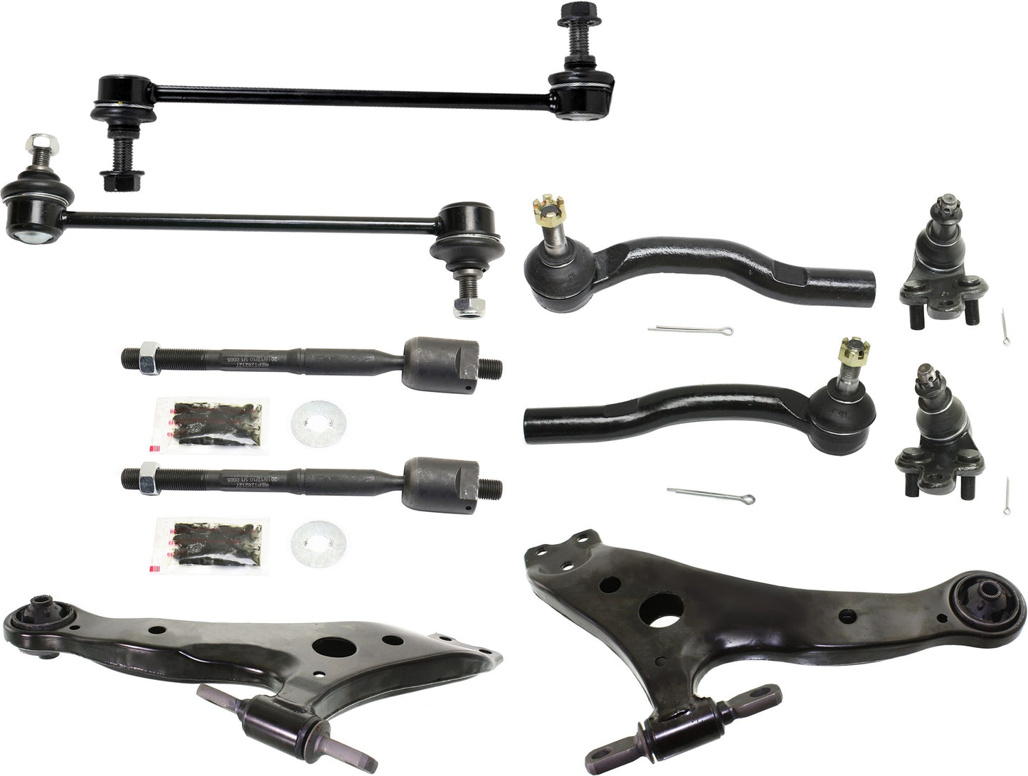 10-Piece Kit Front, Driver and Passenger Side, Lower Control Arms, Includes (2) Ball Joint, (2) Control Arm, (2) Sway Bar Link, and (4) Tie Rod End