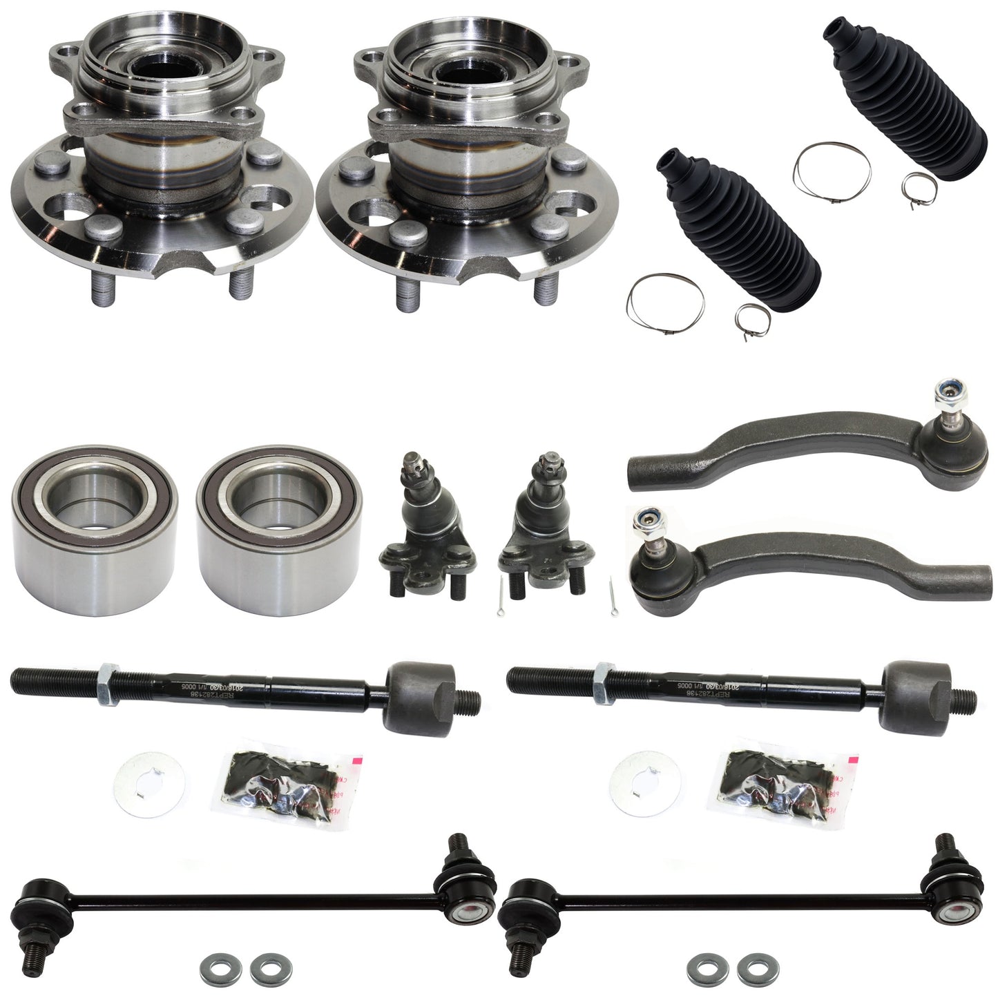 14-Piece Kit Rear Suspension Kit, Includes (4) Tie Rod End, (2) Ball Joint, (2) Steering Rack Boot, (2) Sway Bar Link, (2) Wheel Hub and (2) Wheel Bearing