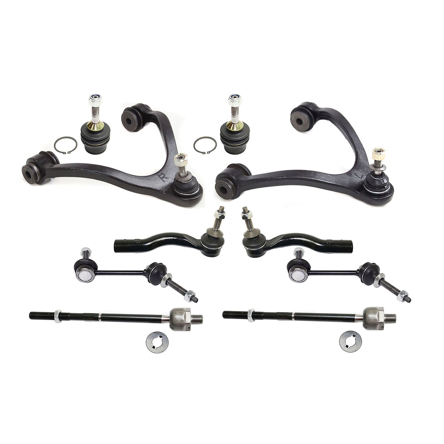10-Piece Kit Front, Driver and Passenger Side Control Arm Kit, Includes (2) Ball Joint, (2) Control Arm, (2) Sway Bar Link, and (4) Tie Rod End