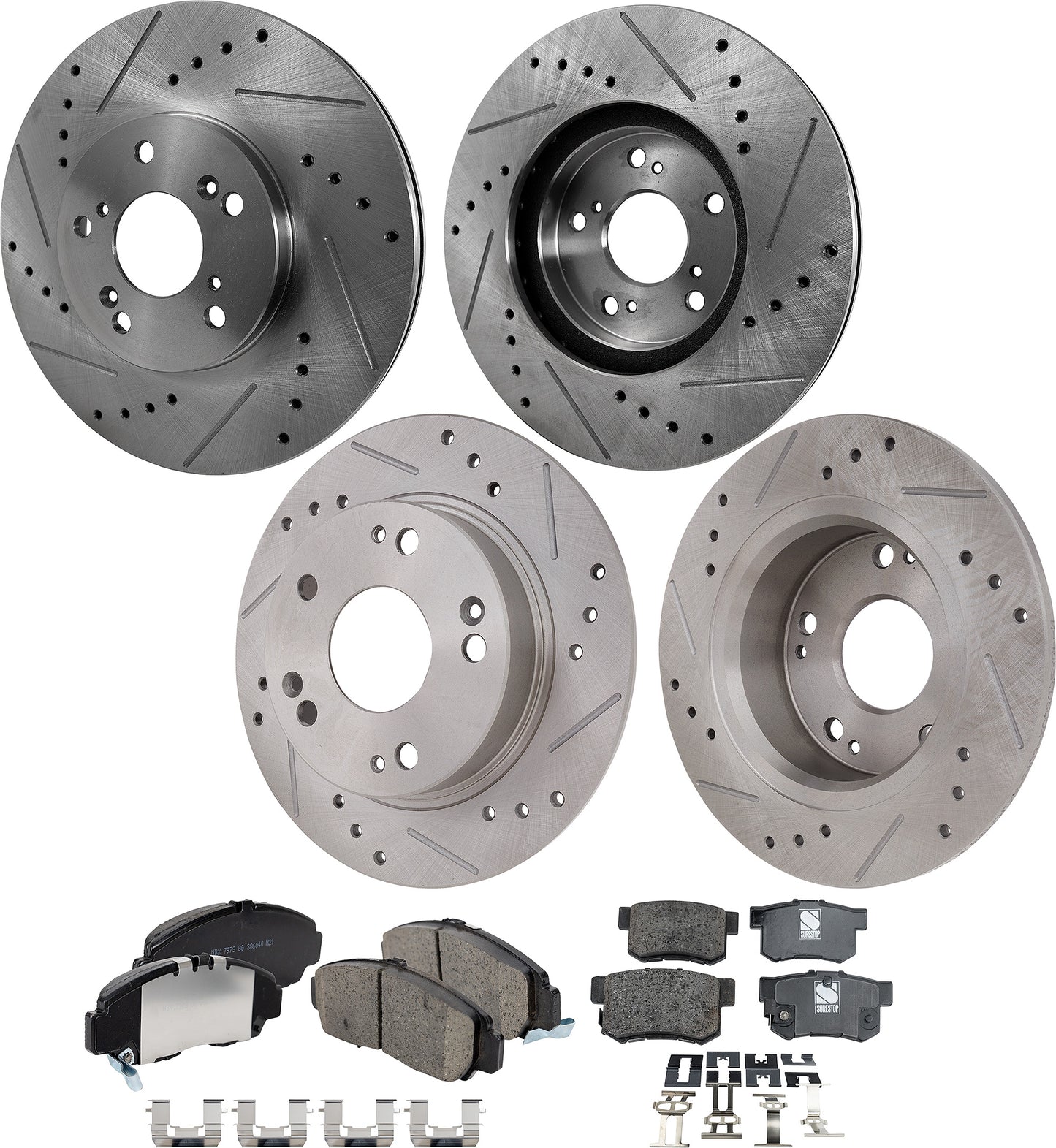 4-Wheel Set Front and Rear Brake Disc and Pad Kit, Cross-drilled and Slotted 5 Lugs Front-299.97 mm/Rear-259.7 mm Ceramic Pro-Line Series, Includes (2) Brake Pad Set and (4) Brake Disc