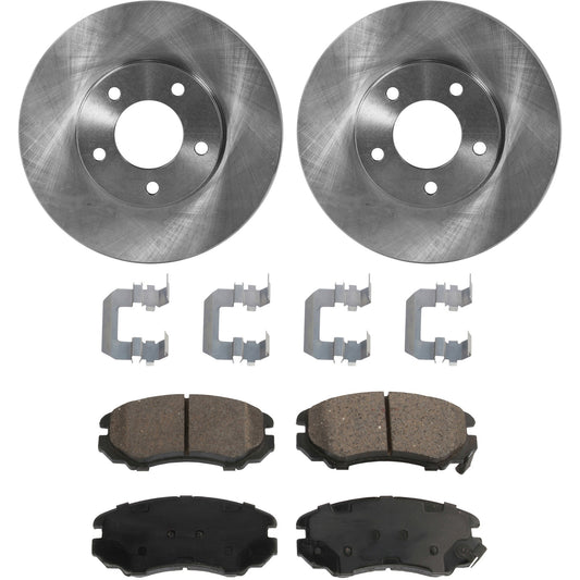Комплект из 2 передних тормозных дисков и колодок, гладкая поверхность, 4 выступа, 279,91 мм, керамические, серия Pro-Line, включает в себя (2) тормозных диска и (1) комплект тормозных колодок