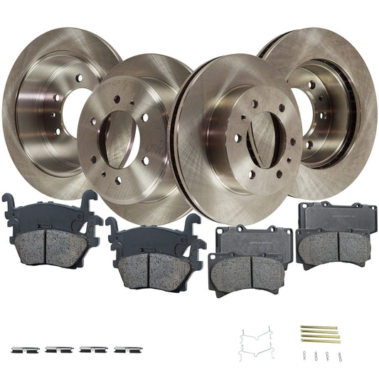 Комплект из 4 передних и задних тормозных дисков и колодок, гладкая поверхность, 6 болтов, передние - 314,96 мм / задние - 311,91 мм, керамические, серия Pro-Line, включает в себя (4) тормозных диска и (2) комплекта тормозных колодок