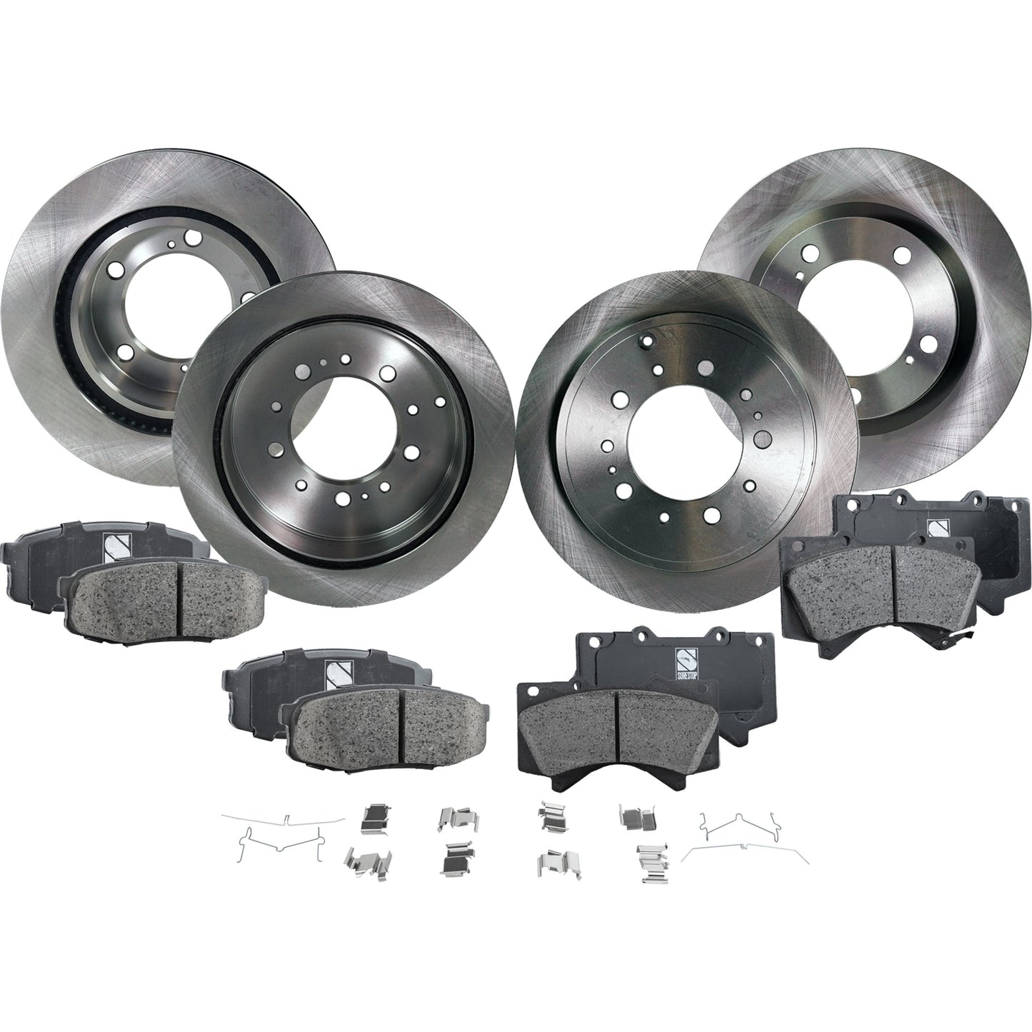 4-Wheel Set Front and Rear Brake Disc and Pad Kit, Plain Surface 5 Lugs Front-340.11 mm/Rear-344.93 mm Ceramic Pro-Line Series, Includes (2) Brake Pad Set and (4) Brake Disc