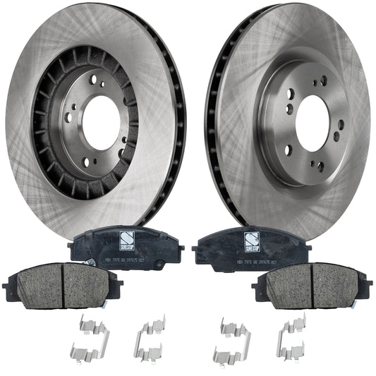 Комплект из 2 передних тормозных дисков и колодок, гладкая поверхность, 5 болтов, 299,72 мм, керамические, серия Pro-Line, включает в себя (2) тормозных диска и (1) комплект тормозных колодок