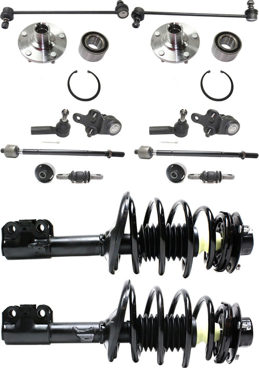 14-Piece Kit FrontDriver and Passenger Side Suspension Kit Includes (2) Control Arm Bushing, (2) Ball Joint, (2) Sway Bar Link, (4) Tie Rod End, (2) Wheel Hub and (2) Shock Absorber and Strut Assembly