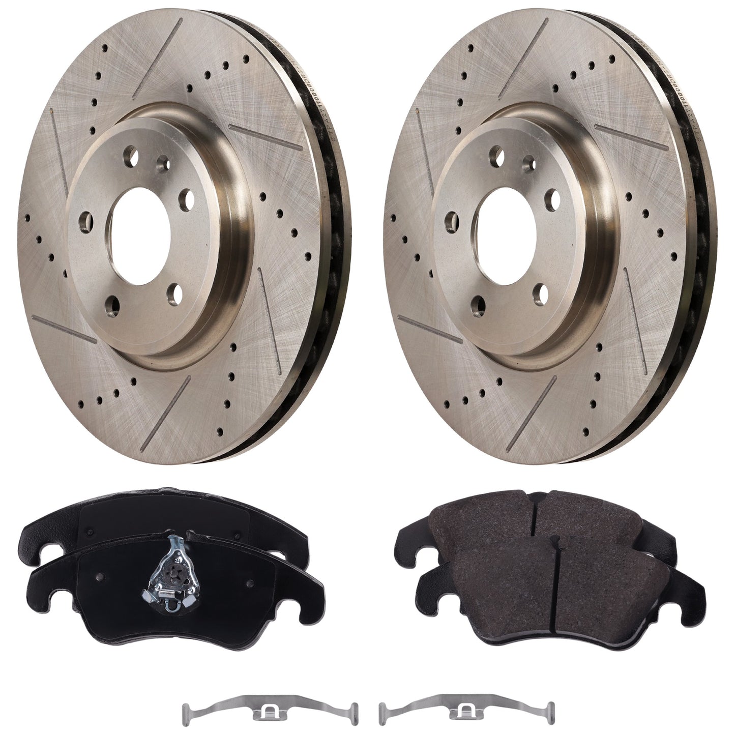 Комплект из 2 передних тормозных дисков и колодок, перфорированных и с насечками, 5 болтов, 320,04 мм, серия Organic Pro-Line, включает в себя (2) тормозных диска и (1) комплект тормозных колодок