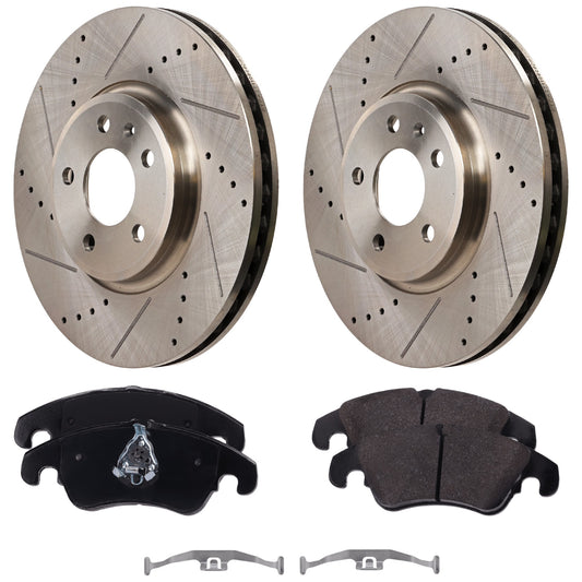 Комплект из 2 передних тормозных дисков и колодок, перфорированных и с насечками, 5 болтов, 320,04 мм, серия Organic Pro-Line, включает в себя (2) тормозных диска и (1) комплект тормозных колодок