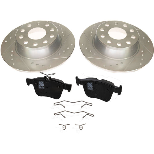 2-Wheel Set Rear Brake Disc and Pad Kit, Cross-drilled and Slotted 5 Lugs Pro-Line Series, Includes (1) Brake Disc and (1) Brake Pad Set