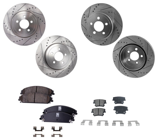 4-Wheel Set Front and Rear Brake Disc and Pad Kit, Cross-drilled and Slotted 5 Lugs Front-344.93 mm/Rear-320.04 mm Ceramic Pro-Line Series, Includes (2) Brake Pad Set and (4) Brake Disc
