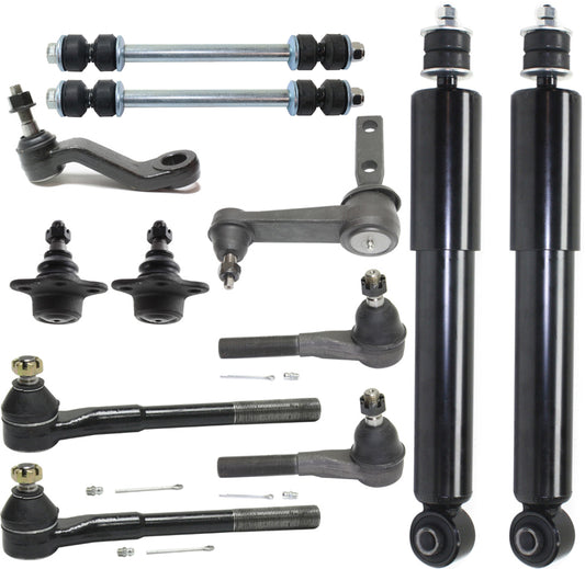 12-Piece Kit Front, Driver and Passenger Side Suspension Kit, Includes (1) Idler Arm, (1) Pitman Arm, (2) Shock Absorber and Strut Assembly, (2) Sway Bar Link, (4) Tie Rod End and (2) Ball Joint