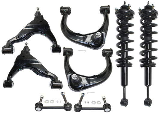 8-Piece Kit Front, Driver and Passenger Side, Upper and Lower Control Arm Kit, Includes (4) Control Arm, (2) Shock Absorber and Strut Assembly and (2) Sway Bar Link