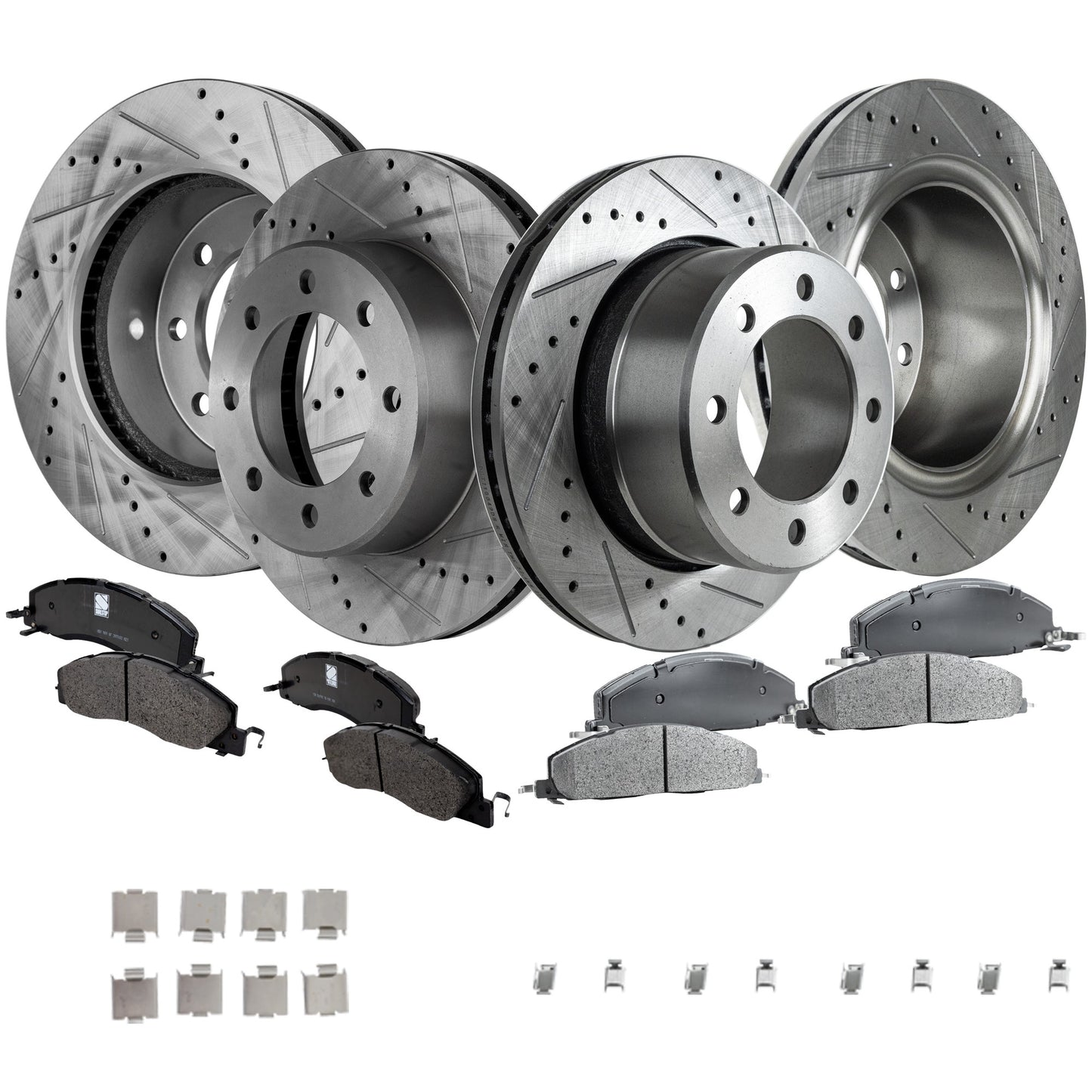 4-Wheel Set Front and Rear Brake Disc and Pad Kit, Cross-drilled and Slotted 8 Lugs Front-360 mm/Rear-358 mm Semi-metallic Pro-Line Series, Includes (2) Brake Pad Set and (4) Brake Disc