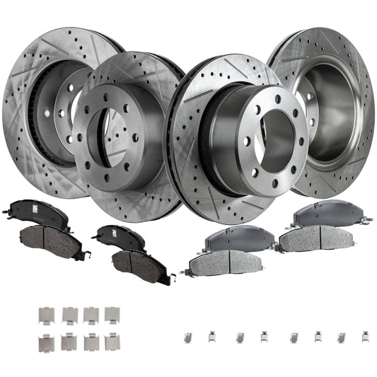 4-Wheel Set Front and Rear Brake Disc and Pad Kit, Cross-drilled and Slotted 8 Lugs Front-360 mm/Rear-358 mm Semi-metallic Pro-Line Series, Includes (2) Brake Pad Set and (4) Brake Disc
