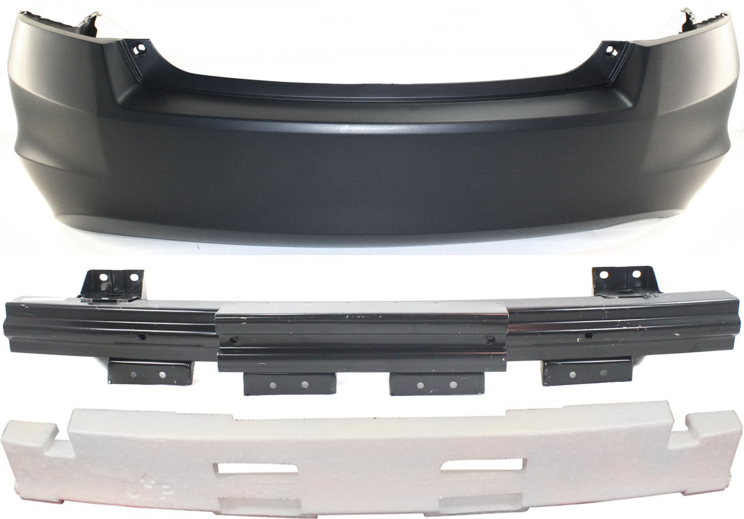 3-Piece Kit, Rear Primed Bumper Cover, 4-Door-Sedan, Includes (1) Bumper Absorber, (1) Bumper Cover, and (1) Bumper Reinforcement