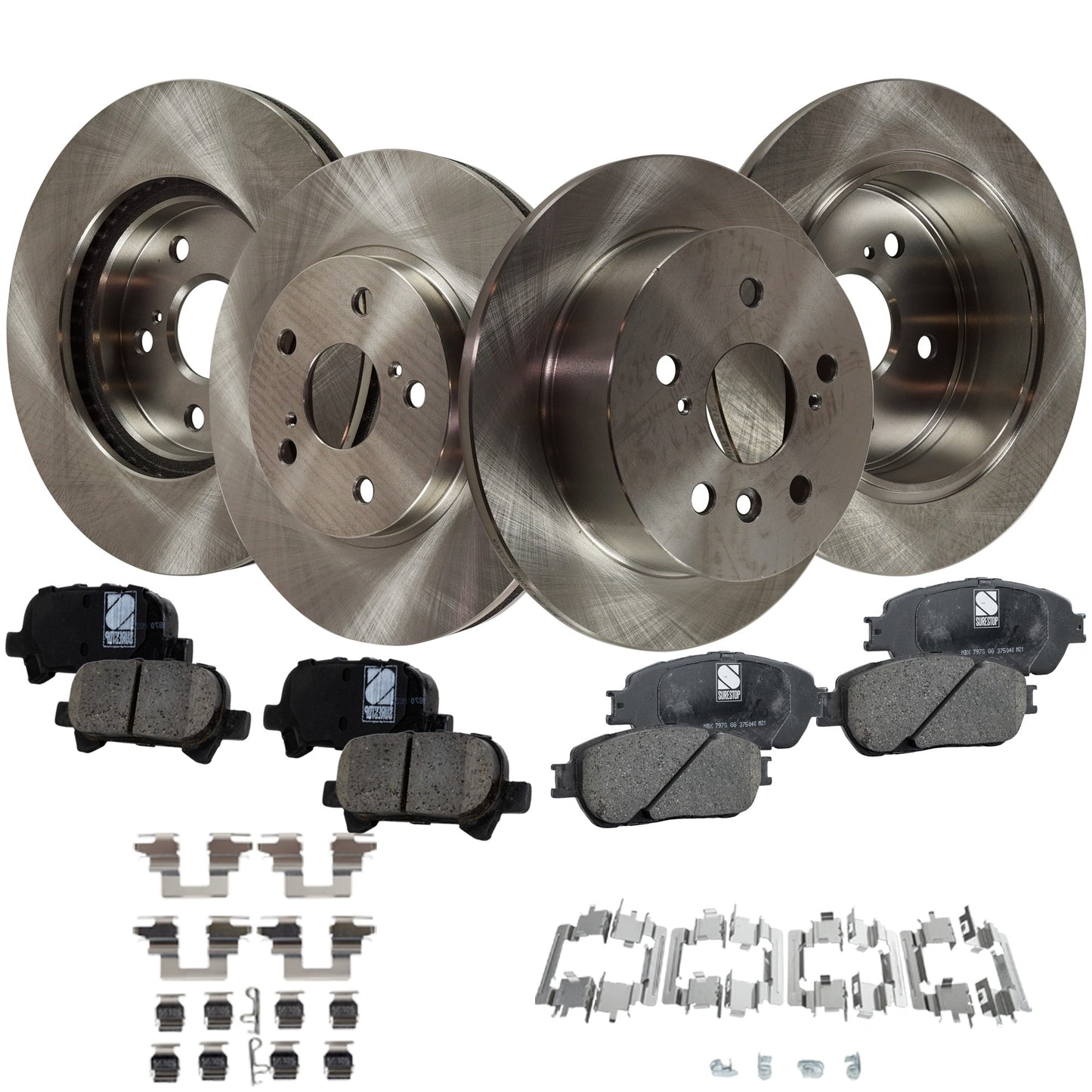 4-Wheel Set Front and Rear Brake Disc and Pad Kit, Plain Surface 5 Lugs Front-295.91 mm/Rear-268.99 mm Ceramic Pro-Line Series, Includes (2) Brake Pad Set and (4) Brake Disc