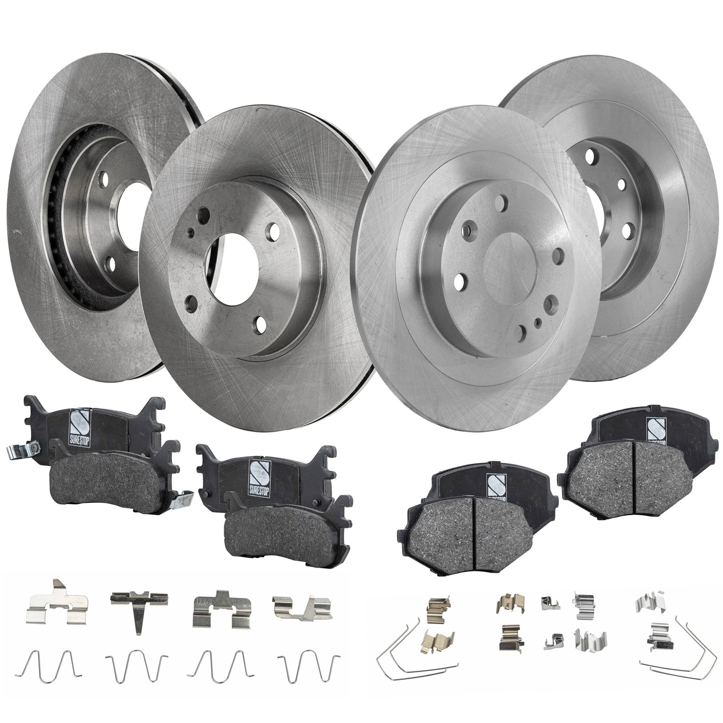 4-Wheel Set Front and Rear Brake Disc and Pad Kit, Plain Surface, 4 Lugs, Cast Iron , Pro-Line Series