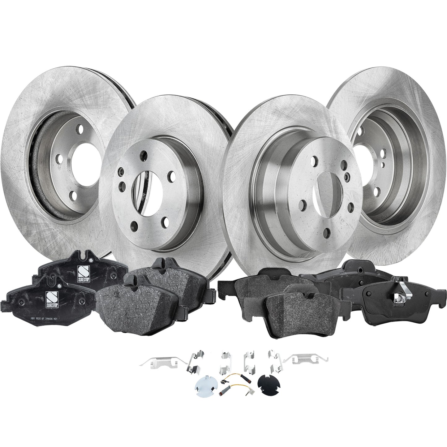 4-Wheel Set Front and Rear Brake Disc and Pad Kit, Plain Surface 5 Lugs Front-294.89 mm/Rear-299.97 mm Organic Pro-Line Series, Includes (4) Brake Disc and (2) Brake Pad Set