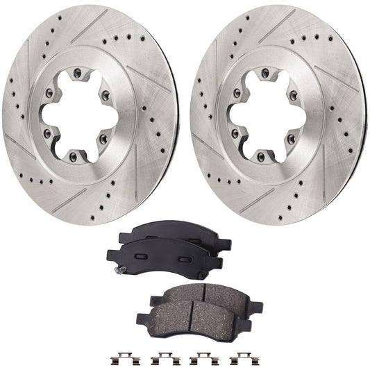2-Wheel Set Front Brake Disc and Pad Kit, Cross-drilled and Slotted 6 Lugs 298 mm Ceramic Pro-Line Series, Includes (1) Brake Pad Set and (2) Brake Disc