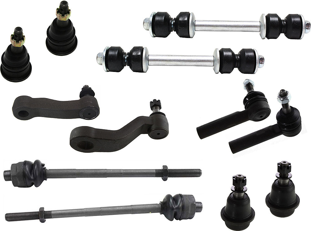 Комплект передней подвески из 12 деталей, включает в себя (4) шаровых шарнира, (4) наконечника рулевой тяги, (2) тягу стабилизатора поперечной устойчивости, (1) маятниковый рычаг и (1) рулевую сошку