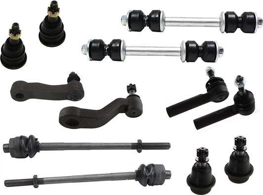 Комплект передней подвески из 12 деталей, включает в себя (4) шаровых шарнира, (4) наконечника рулевой тяги, (2) тягу стабилизатора поперечной устойчивости, (1) маятниковый рычаг и (1) рулевую сошку